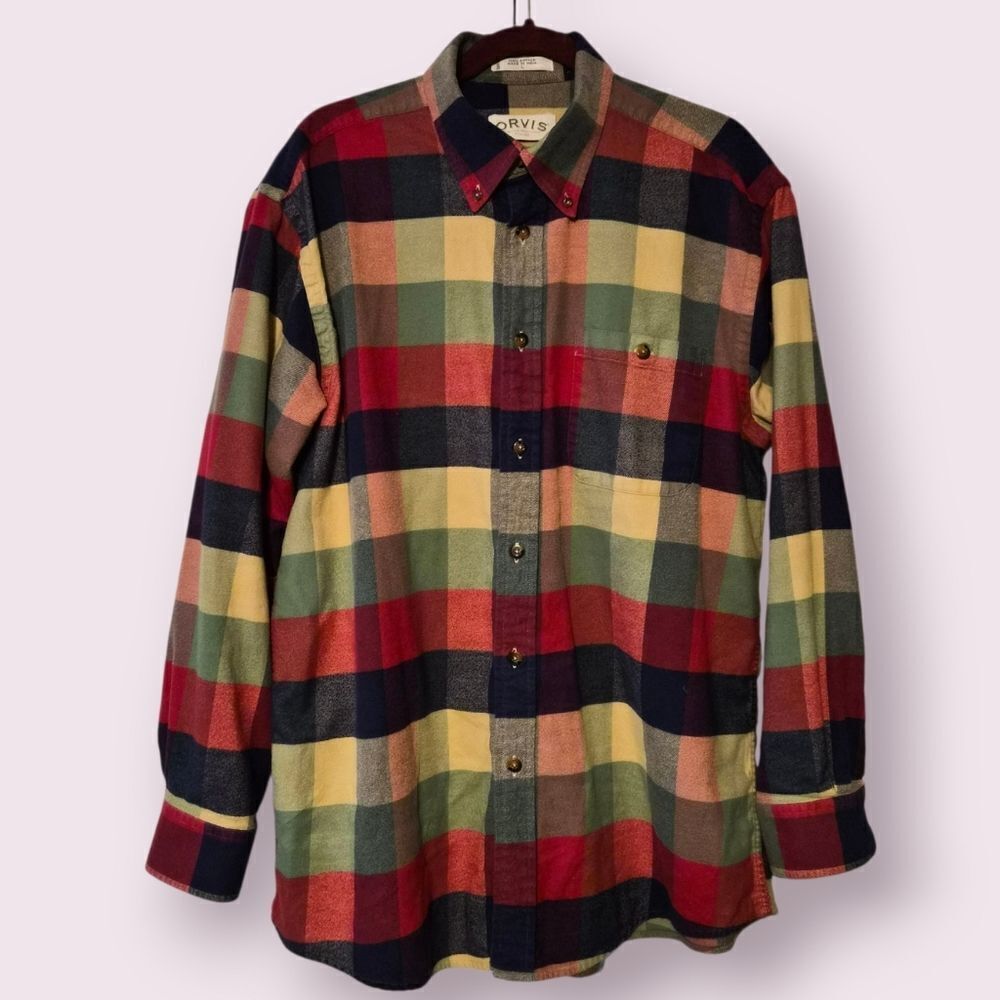 Orvis Mens Button Down Shirt Multicolor Plaid Long Sleeve Flannel Pocket L | EUC
